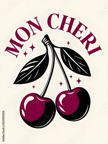 Elegant Minimalist Dark Pink Cherries with Mon Chéri Text Poster