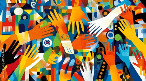 Diverse hands reaching, colorful abstract background