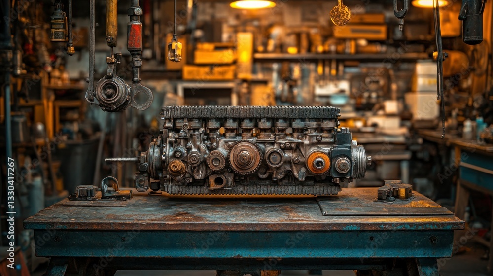 Disassembled engine on workshop table Disassembled engine on workshop table
