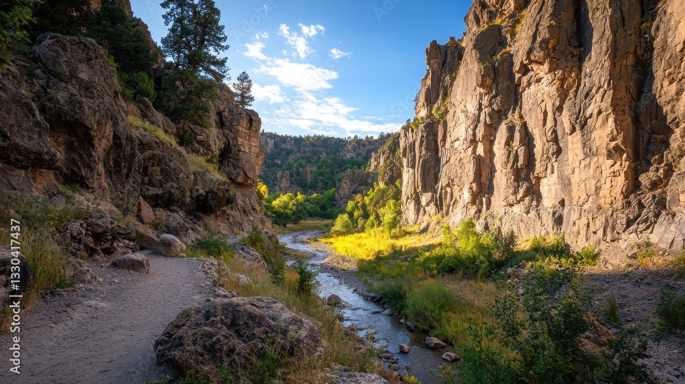 A serene river meanders through a lush valley, framed by steep rocky cliffs under a bright blue sky. The vibrant greenery highlights the natural beauty of the landscape A serene river meanders through a lush valley, framed by steep rocky cliffs under a bright blue sky. The vibrant greenery highlights the natural beauty of the landscape