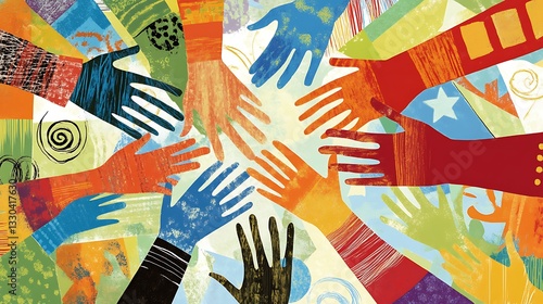 Diverse hands uniting for global aid