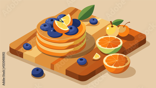 Blueberry pancakes cinnamon apples and clementine segments artfully arranged on a wooden board.. Vector illustration