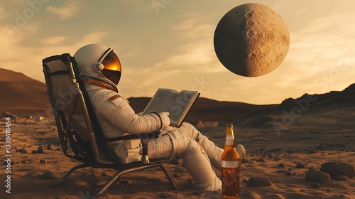 Astronaut relaxing on Mars reading a book with a beer under a large moon

