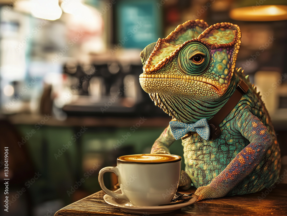 Fototapeta A chameleon wearing a tiny bowtie and suspenders, sitting at a coffee shop counter, sipping espresso