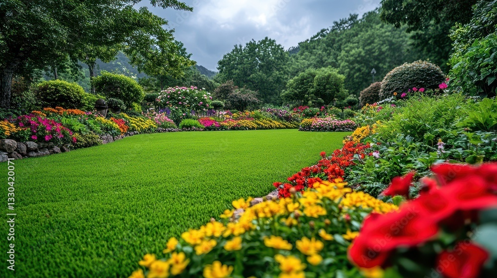 Obraz premium Vibrant garden filled with colorful flowers on a sunny day surrounded by lush greenery and hills in the background
