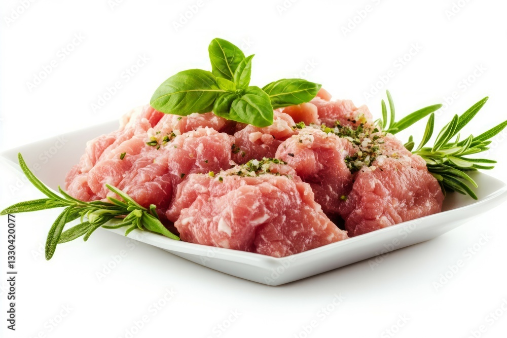 Bowl of pink meat with herb on white background. AI image Bowl of pink meat with herb on white background. AI image
