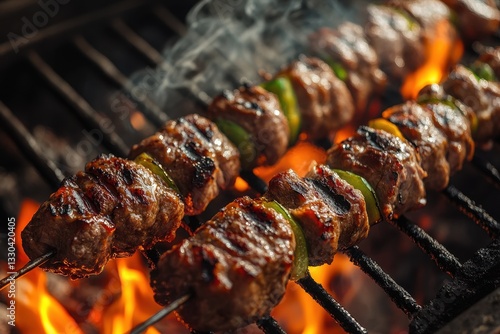 Savory skewers of beef and vegetables grilling over an open flame at a summer barbecue gathering in a backyard setting