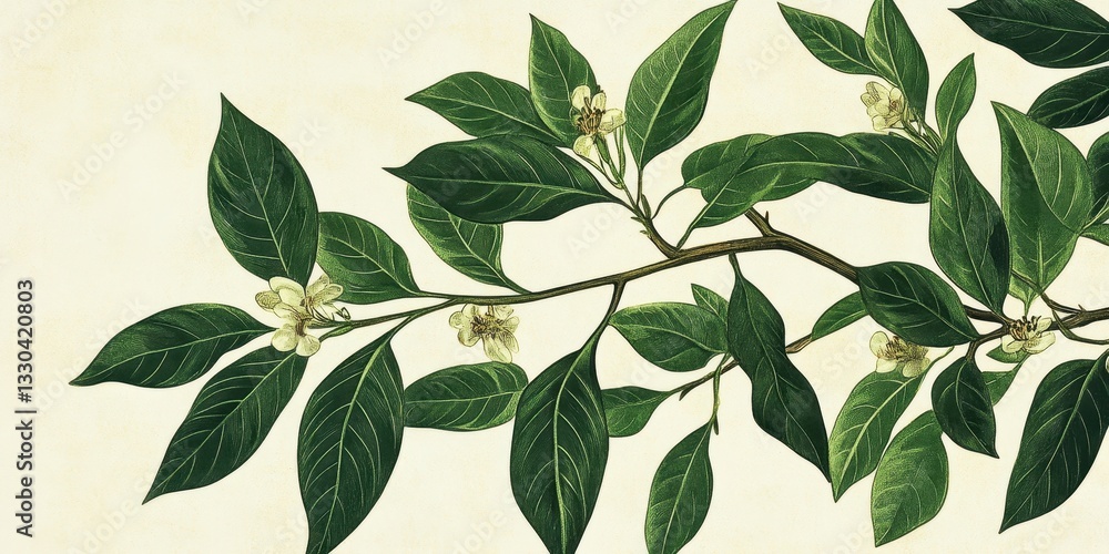 The illustration depicts a green flowering branch with several leaves The illustration depicts a green flowering branch with several leaves