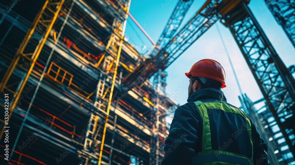 Fototapeta premium Dynamic Operations Under Blue Sky in Construction Site