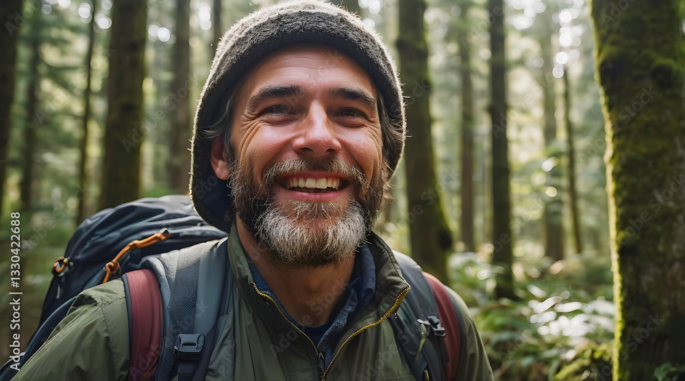 Portrait of cheerful handsome bearded hiker backpacker Exploring Forest – Adventure and Travel Concept, people background