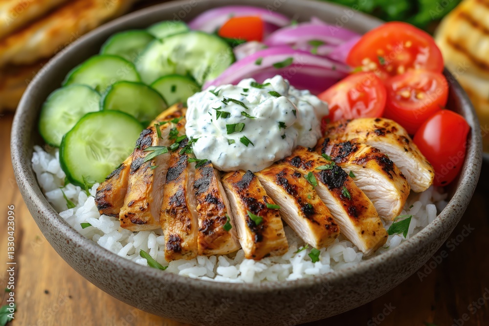 Grilled Greek chicken gyro bowl with rice, vegetables, tzatziki, and warm pita Grilled Greek chicken gyro bowl with rice, vegetables, tzatziki, and warm pita