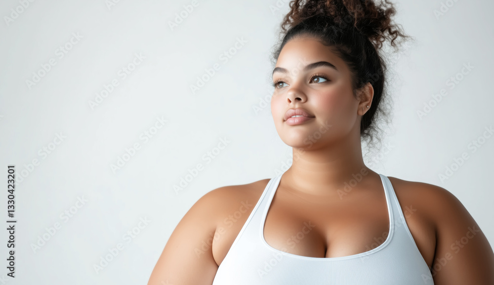 Fototapeta premium Realistic studio photo of big fat female model with big breasts wearing bodysuit with thin straps standing next white wall while soft lighting enhances minimalistic professional fashion aesthetic