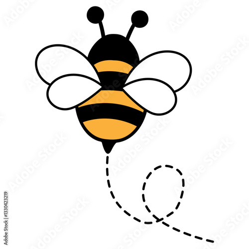 Bee flying with dotted route. Busy bumblebee path. Vector illustration isolated on white.