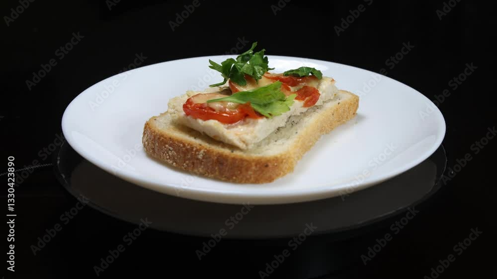 The sandwich on the plate rotates 360 degrees The sandwich on the plate rotates 360 degrees