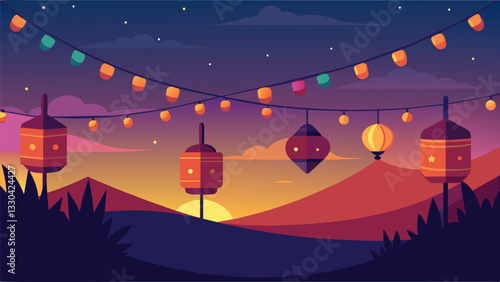 The glow of colorful lanterns and string lights illuminate the party as the sun begins to set casting a warm and inviting atmosphere.. Vector illustration