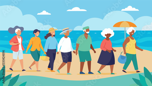 A diverse group of seniors enjoying a leisurely walk on the beach with the ocean breeze blowing through their hair.. Vector illustration