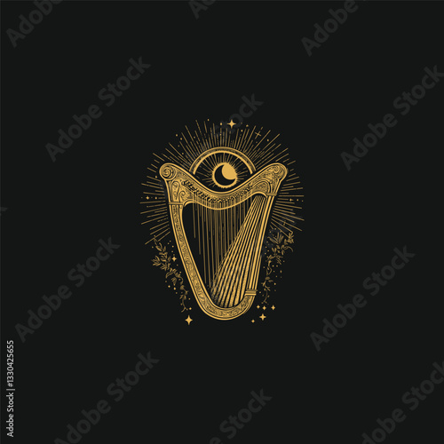 Medieval harp music instrument design vector template illustration