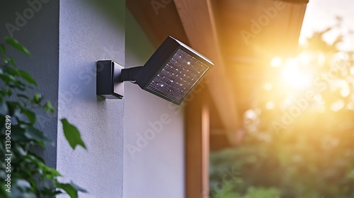 Modern outdoor LED spotlight mounted on a light gray wall, illuminated by warm sunlight.