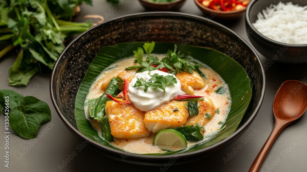 Delightful Cambodian fish amok served in a banana leaf bowl with coconut cream and herbs, showcasing vibrant Southeast Asian tableware Delightful Cambodian fish amok served in a banana leaf bowl with coconut cream and herbs, showcasing vibrant Southeast Asian tableware