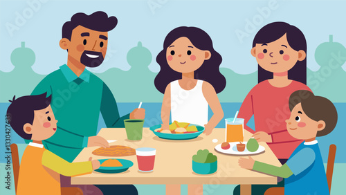 The family enjoys a lively conversation while waiting for the enchiladas to bake sharing stories and catching up on each others lives.. Vector illustration