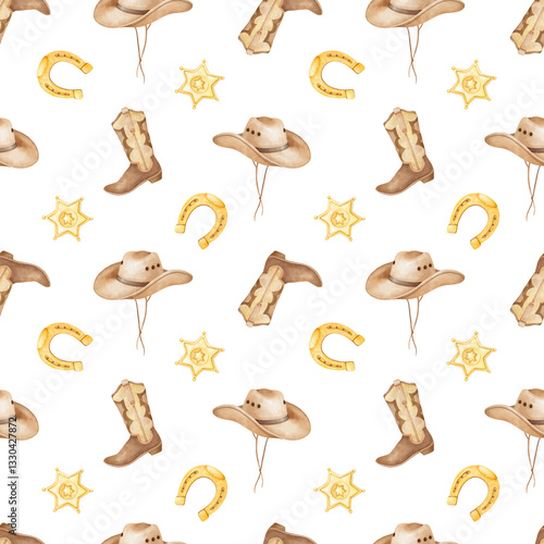 cowboy hat, cowboy boots, horseshoe, coins, revolver, sheriff badge. Watercolor seamless pattern on white background. Cute cowboy illustration for textiles and packaging