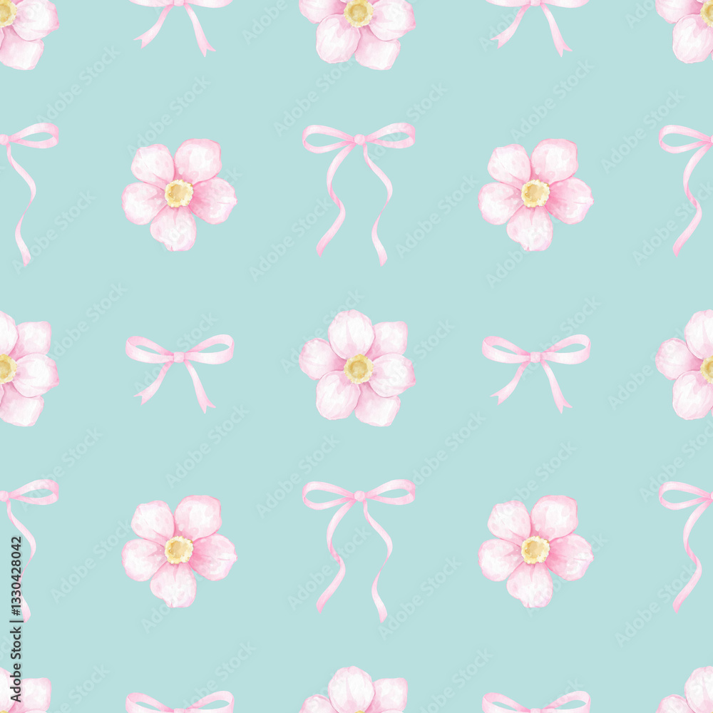 Obraz premium flowers, bow. Watercolor seamless pattern for textile and wrapping paper. Cute spring illustration for Valentine's Day, Mother's Day, Birthday