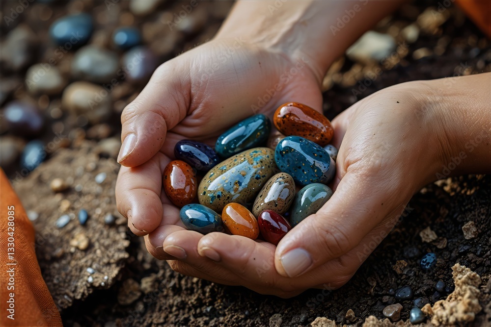 Polished Healing Stones in Cupped Hands Over Earth Polished Healing Stones in Cupped Hands Over Earth