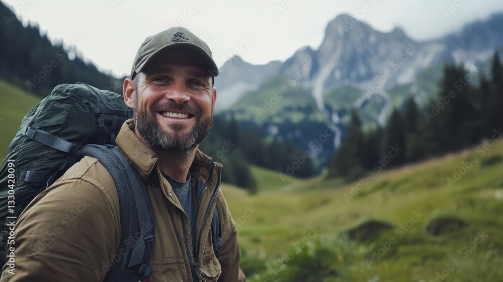 A hiker with a backpack smiles while standing in a green valley surrounded by majestic mountains. The atmosphere is serene, and the weather appears cool and cloudy A hiker with a backpack smiles while standing in a green valley surrounded by majestic mountains. The atmosphere is serene, and the weather appears cool and cloudy