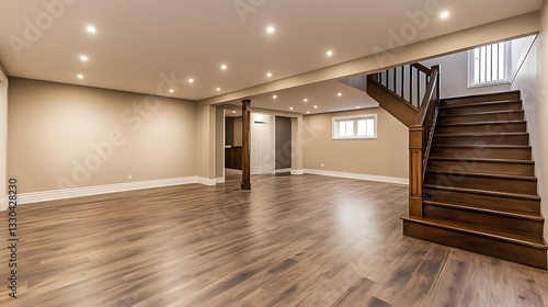 Spacious finished basement with hardwood floors, stairs, and recessed lighting.