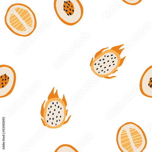 seamless pattern featuring tropical fruits, such as dragon fruit and passion fruit, in a bright and playful style.