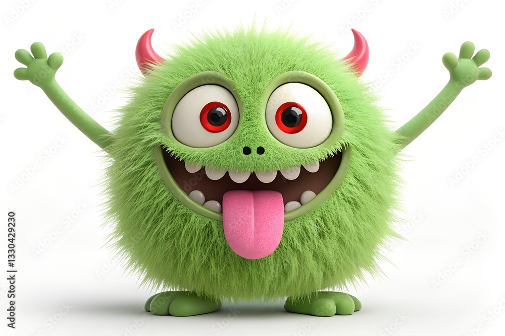 Fototapeta premium Whimsical fuzzy green cartoon monster with big red eyes, playful expression, tongue out, and tiny horns, fun character illustration