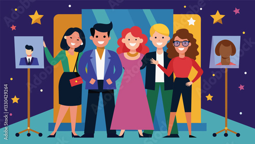 A photo booth where attendees can take pictures with lifesized outs of iconic 90s celebrities.. Vector illustration