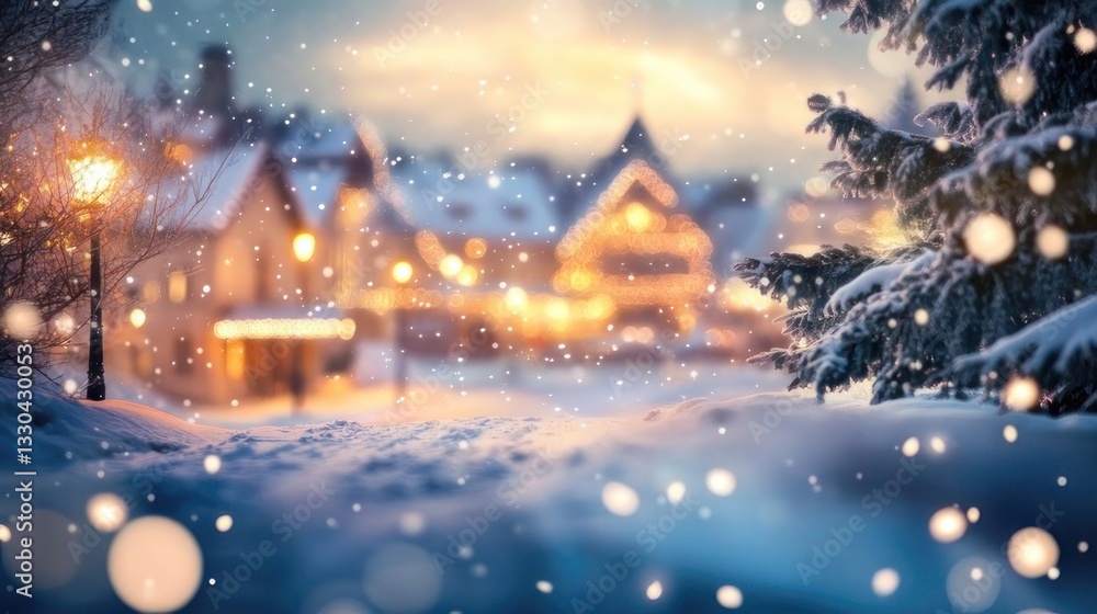 Naklejka premium Snowy winter village scene at twilight