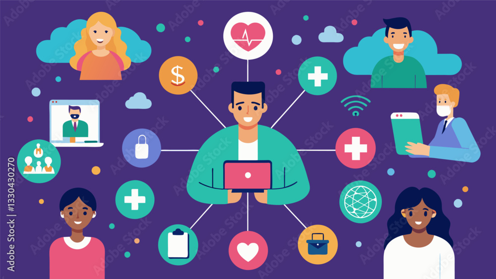 A thriving virtual network where individuals offer resources tips and support to those struggling with addiction.. Vector illustration A thriving virtual network where individuals offer resources tips and support to those struggling with addiction.. Vector illustration