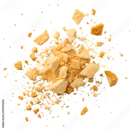scattered golden cookie crumbs isolated on transparent background, crunchy biscuit pieces broken into small fragments for food texture and baking concept