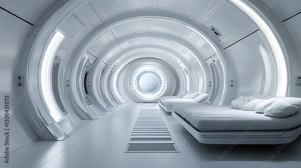 Futuristic white sci-fi interior with beds in sleek spaceship corridor
Futuristic white sci-fi interior with beds in sleek spaceship corridor