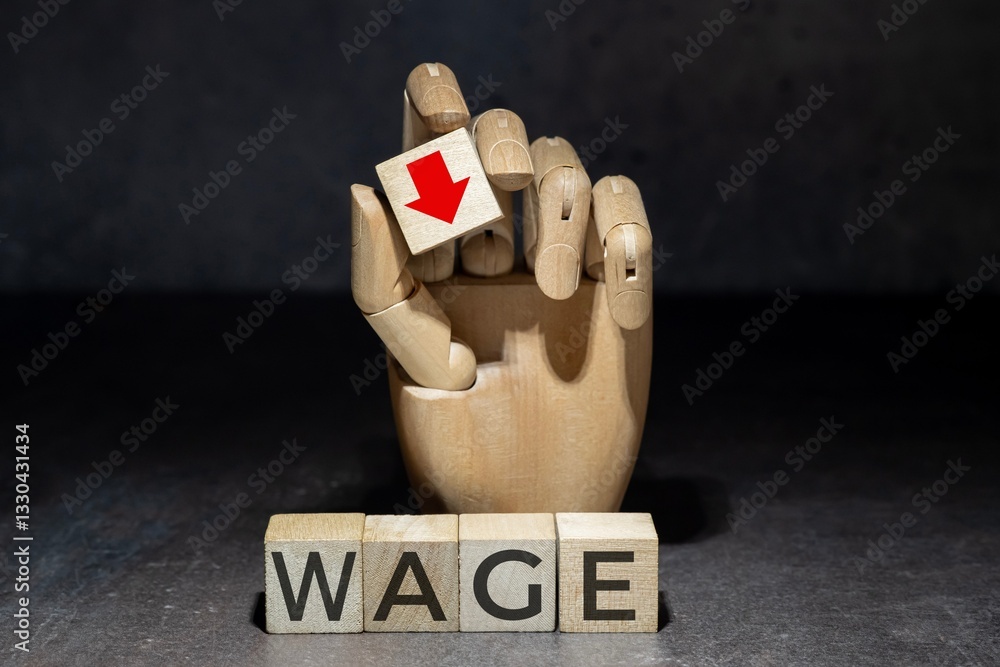 sztuczna ręka trzymająca kostkę z czerwoną strzałką w dół nad napisem na kostkach: WAGE.