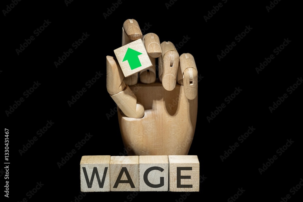 sztuczna ręka trzymająca kostkę z zieloną strzałką w górę nad napisem na kostkach: WAGE.