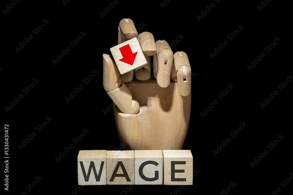 sztuczna ręka trzymająca kostkę z czerwoną strzałką w dół nad napisem na kostkach: WAGE.
