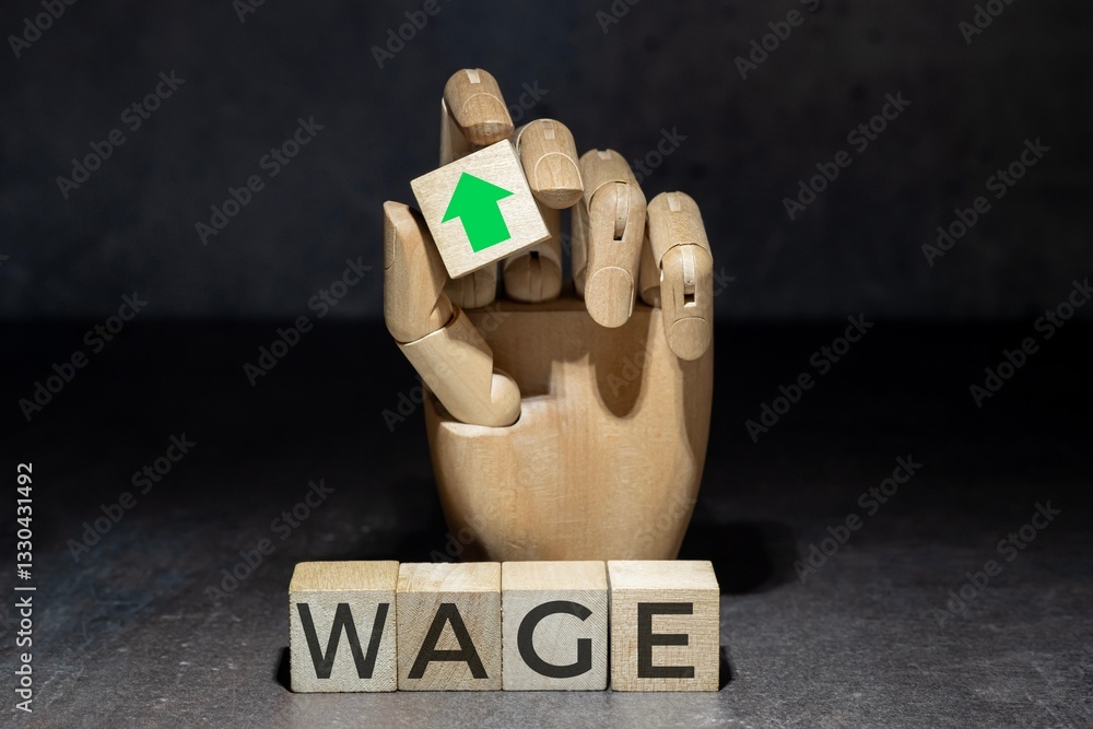 sztuczna ręka trzymająca kostkę z zieloną strzałką w górę nad napisem na kostkach: WAGE.