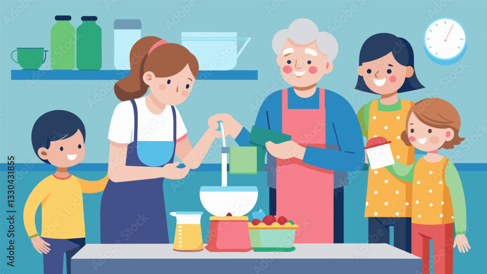 A family of four generations in the kitchen with the youngest helping to measure ingredients for the dish.. Vector illustration A family of four generations in the kitchen with the youngest helping to measure ingredients for the dish.. Vector illustration