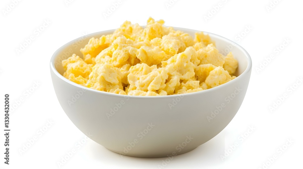 A bowl of fluffy scrambled eggs isolated A bowl of fluffy scrambled eggs isolated