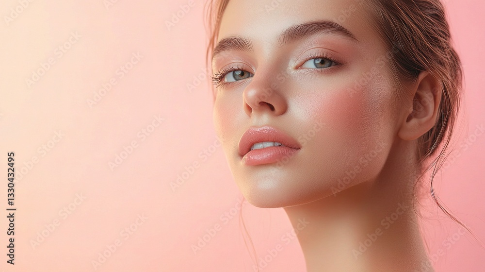 Naklejka premium Young Woman with Glowing Skin in Soft Pink Background