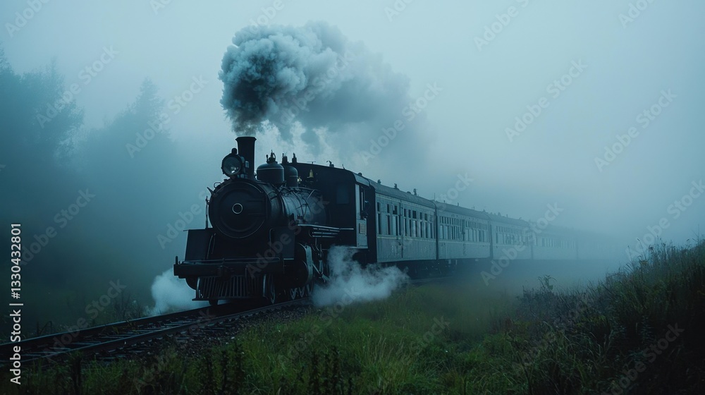Obraz premium A vintage steam locomotive moves through thick fog, billowing steam and smoke as it glides along the tracks in a tranquil setting. This scene captures a sense of timeless travel and exploration