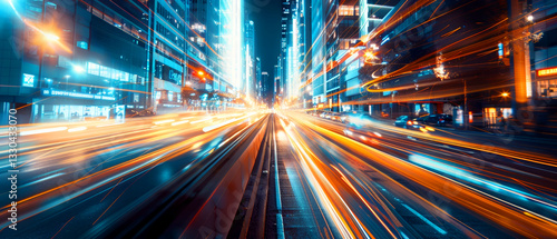 Dynamic urban highway scene with colorful streaks against glowing skyscrapers.