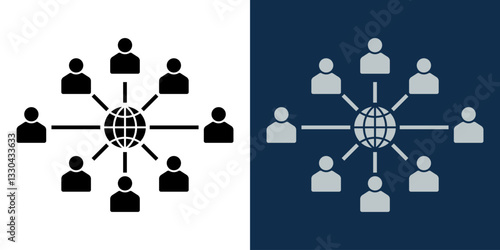 Global network connection icon. Silhouette icon of people connected around the world, symbolizing teamwork, communication, social media, and online collaboration. Icon of people and globe