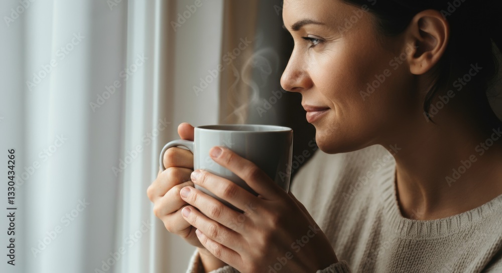 Caucasian young female enjoying a warm beverage by the window Caucasian young female enjoying a warm beverage by the window