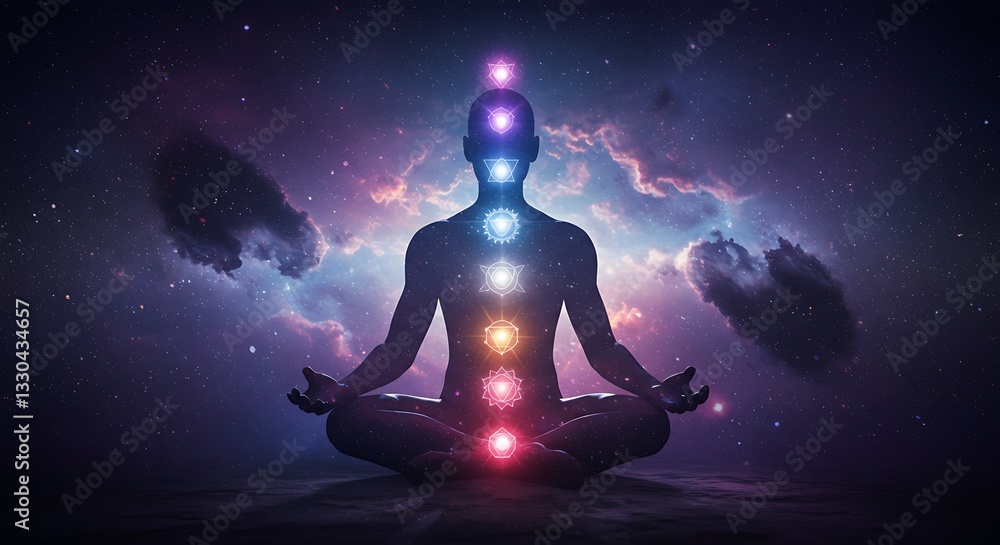 Meditating Figure with Glowing Chakras Against Nebula Background Illustration Meditating Figure with Glowing Chakras Against Nebula Background Illustration