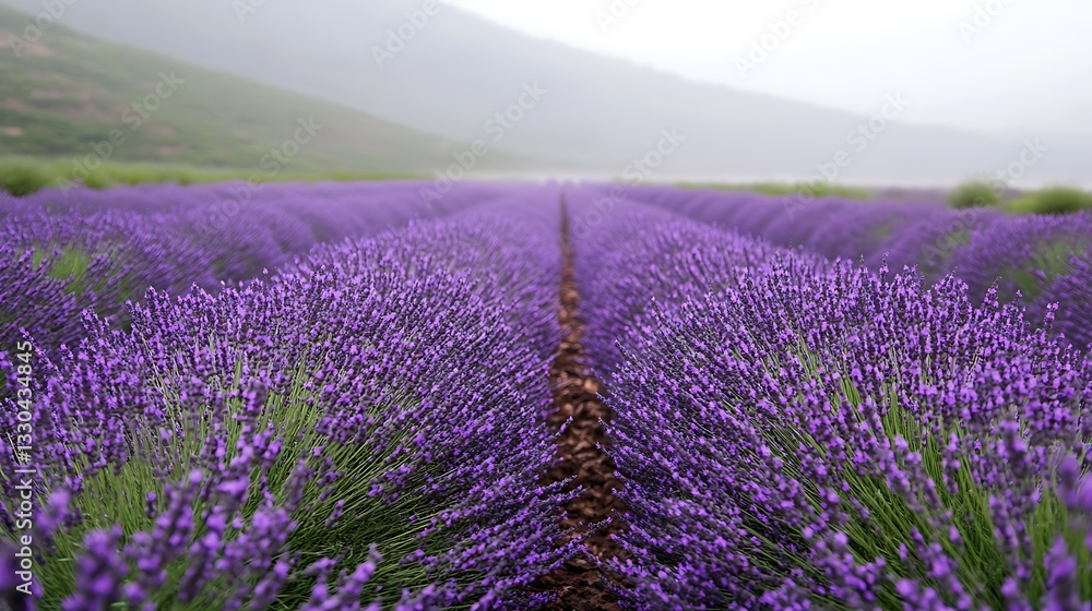 Obraz premium A misty morning in a lavender field with rows of blooming lavender stretching into the distance