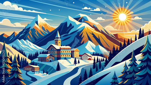 Sun on a mountain Courchevel village in the French Alps in winter